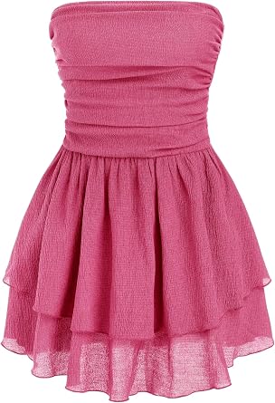 CIDER Women's Summer Cocktail Dress - Tube Ruched Ruffle Mini Dress image