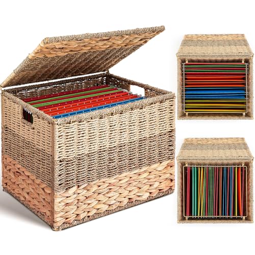 Cinnvoice Extra Large Decorative File Box 18 x 16 x 13 in Wicker Seagrass File Basket...