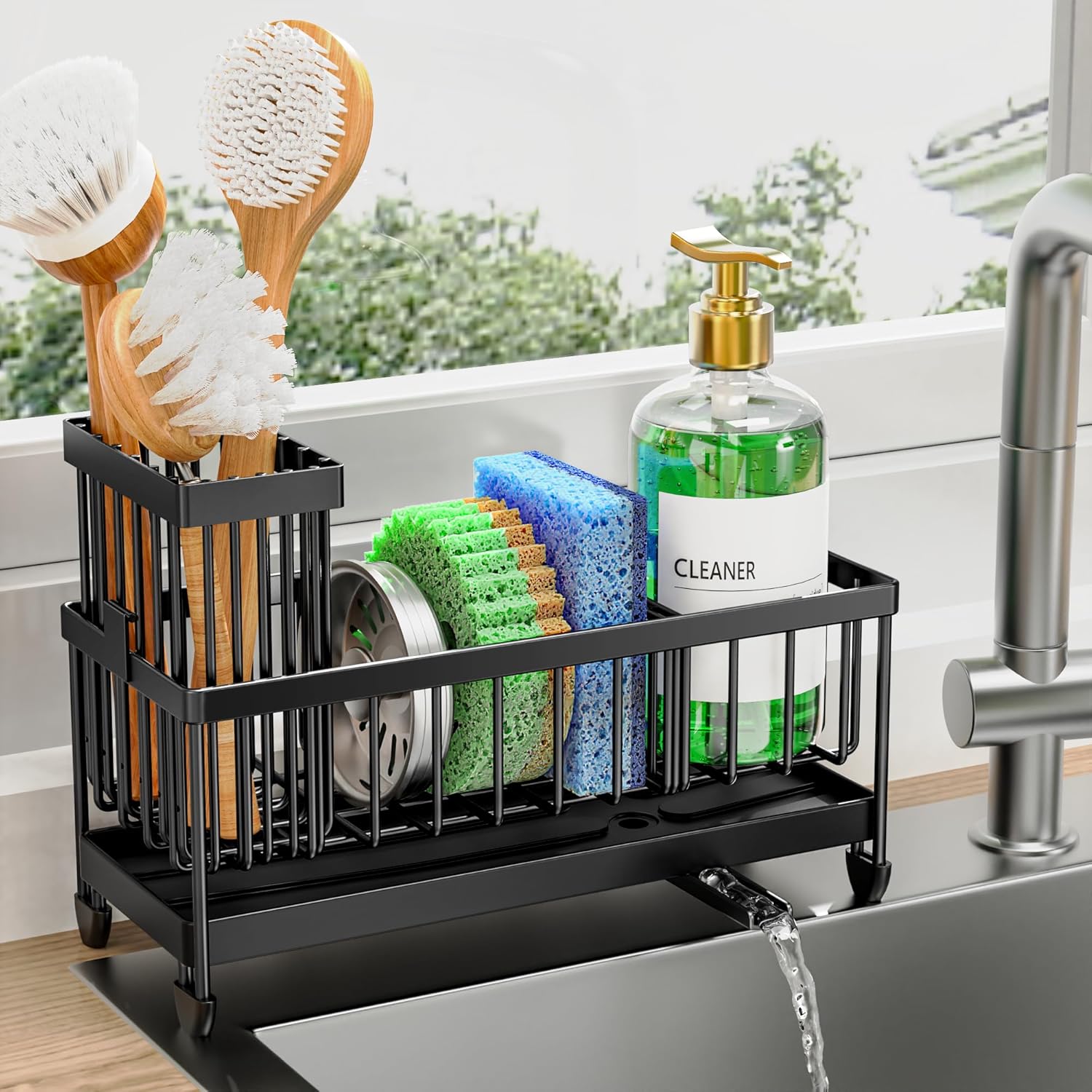 Cisily Sponge Holder for Kitchen Sink, Sink Caddy Organizer with High Brush Holder, Kitchen...
