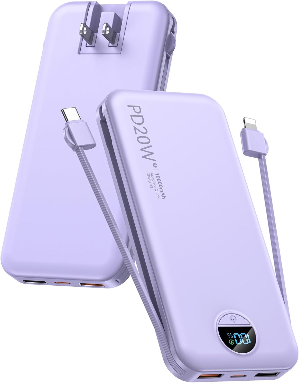 citicr Portable Charger 10000mAh PD20W w/Built-in Cables & Wall Plug Purple | Fast charging...