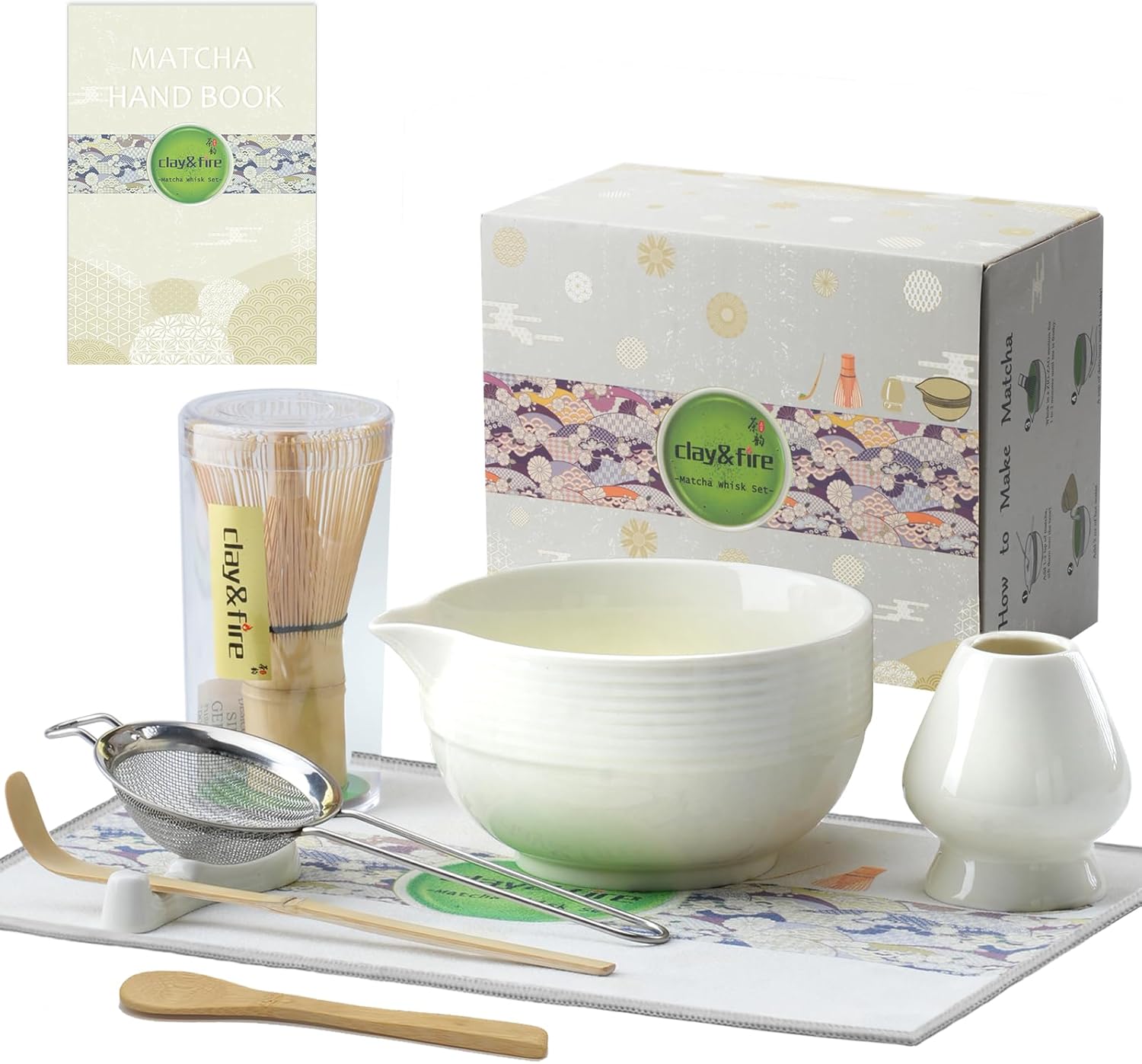 Clay&Fire Matcha Whisk Set, Ceramic Matcha Set, Matcha Bowl with Spout and Whisk,9 pcs...