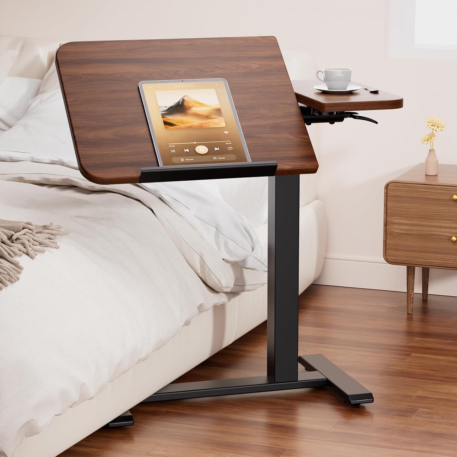 COMHOMA Tiltable Mobile Small Standing Desk, Pneumatic Adjustable Height Overbed Bedside...