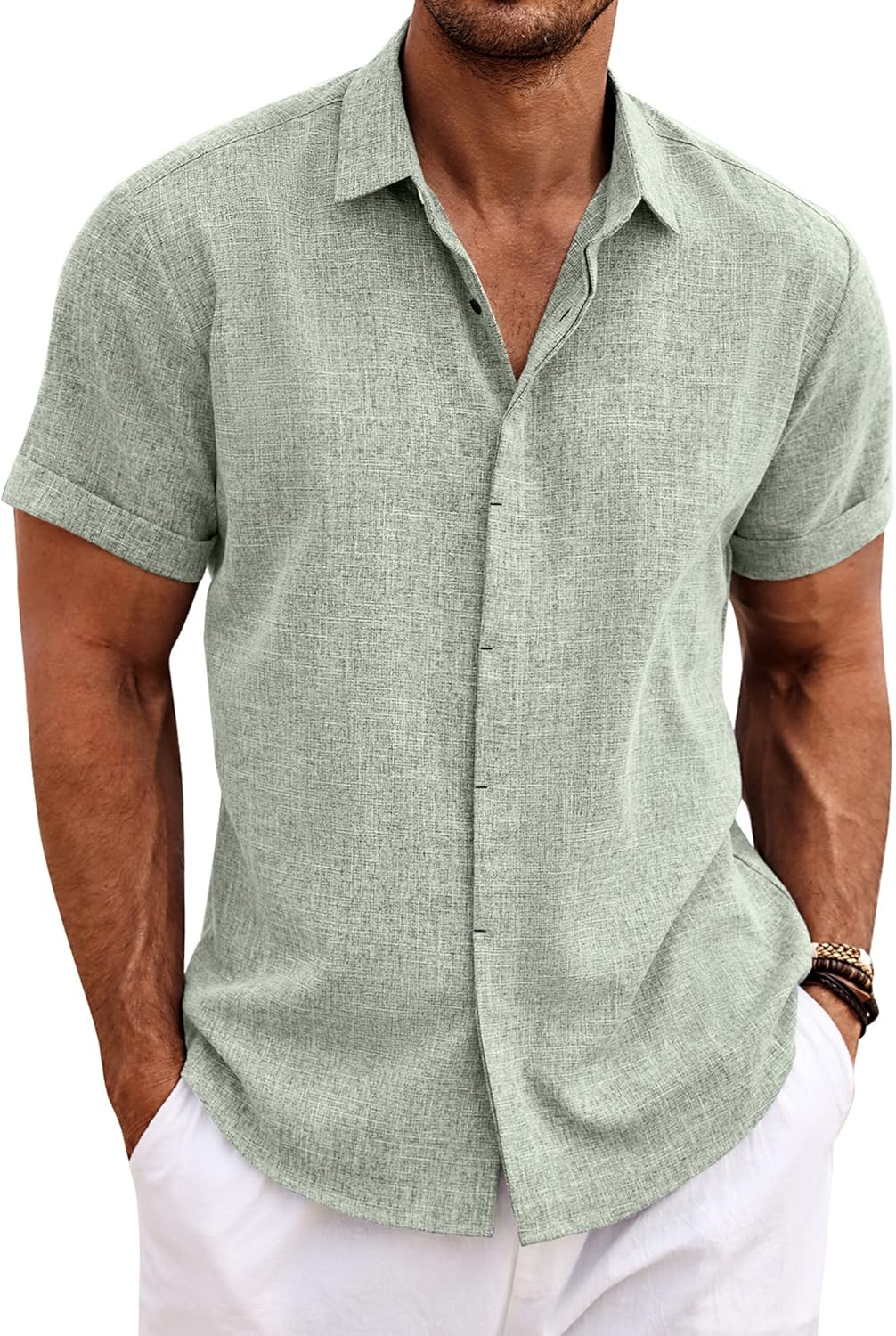 COOFANDY Men's Linen Shirts Short Sleeve Casual Shirts Button Down Shirt for Men Beach...