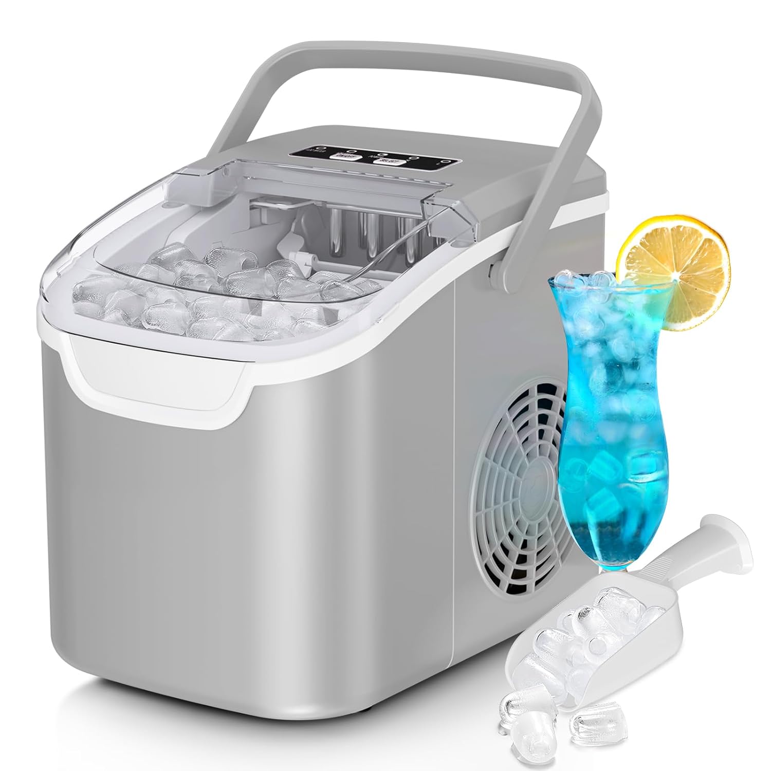 Countertop Ice Maker Machine, 8 Ice Cubes in 6 mins, 26lb/Day Bullet Ice with 2 Sizes...