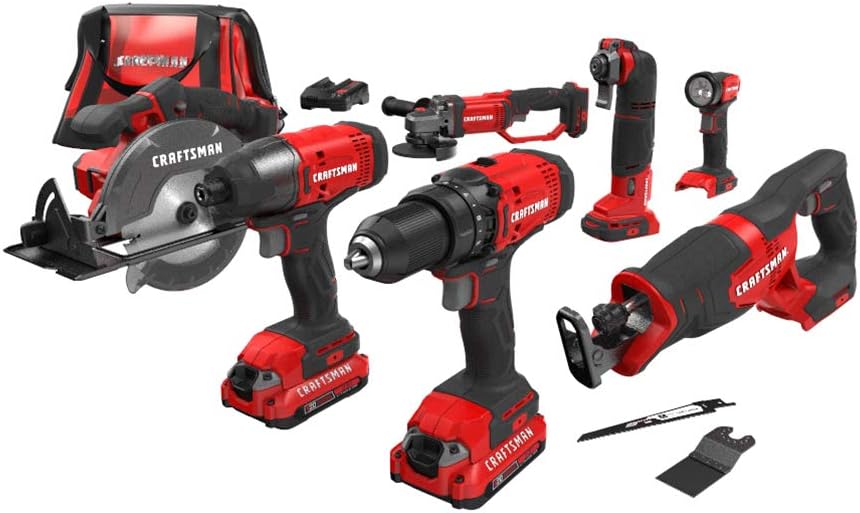 CRAFTSMAN V20 Power Tool Combo Kit, 7-Tool Cordless Power Tool Set with 2 Batteries and...