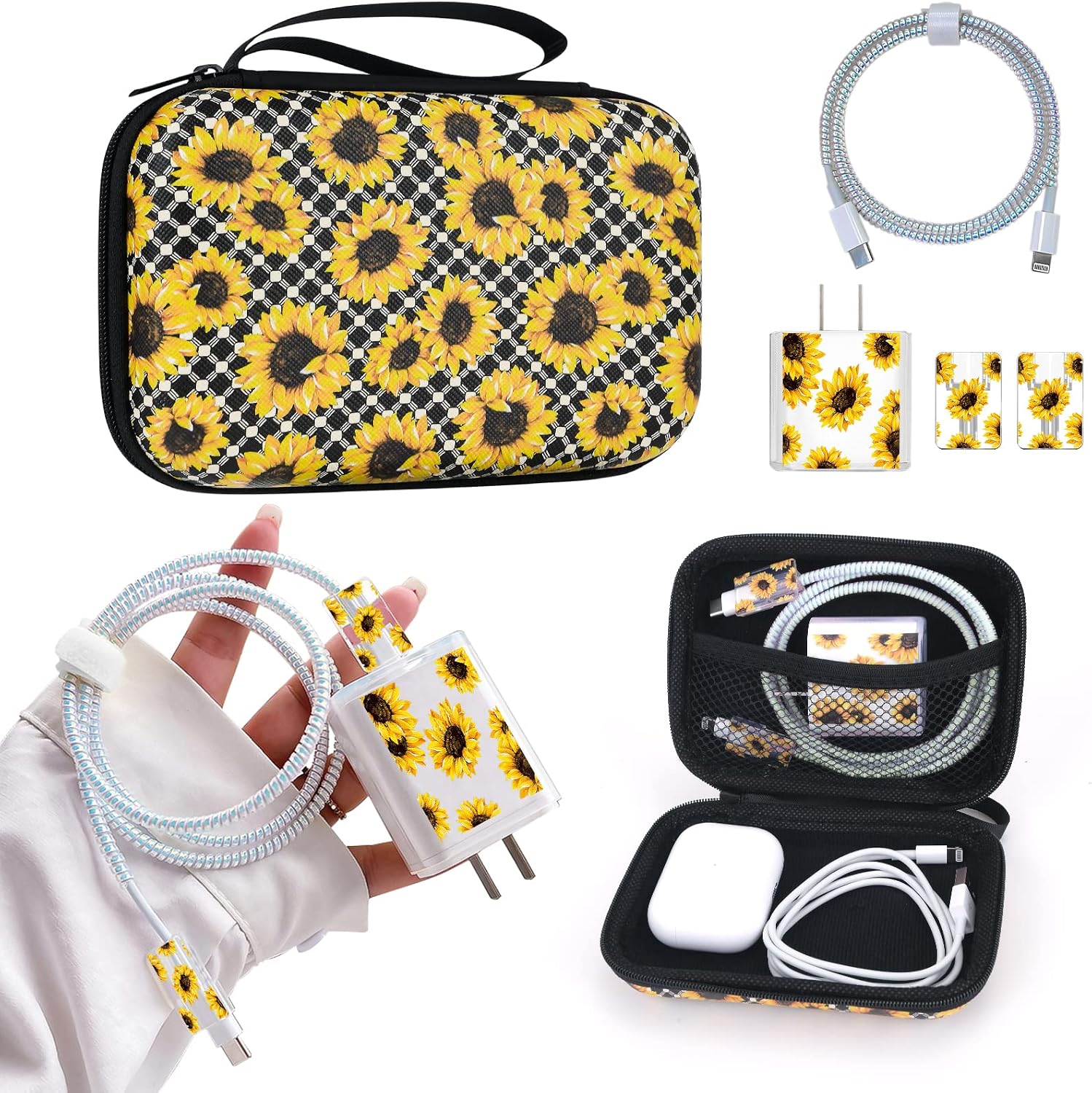 Cute Phone Charger Protector Set with Storage bag Case Yellow Sunflowers Travel Carrying Bag...