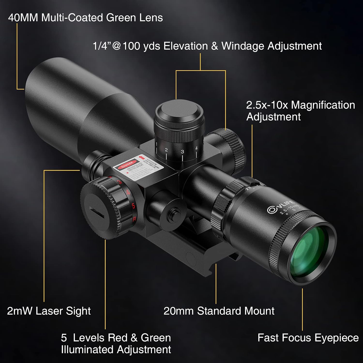 CVLIFE 2.5-10x40e Red & Green Illuminated Scope with 20mm Mount