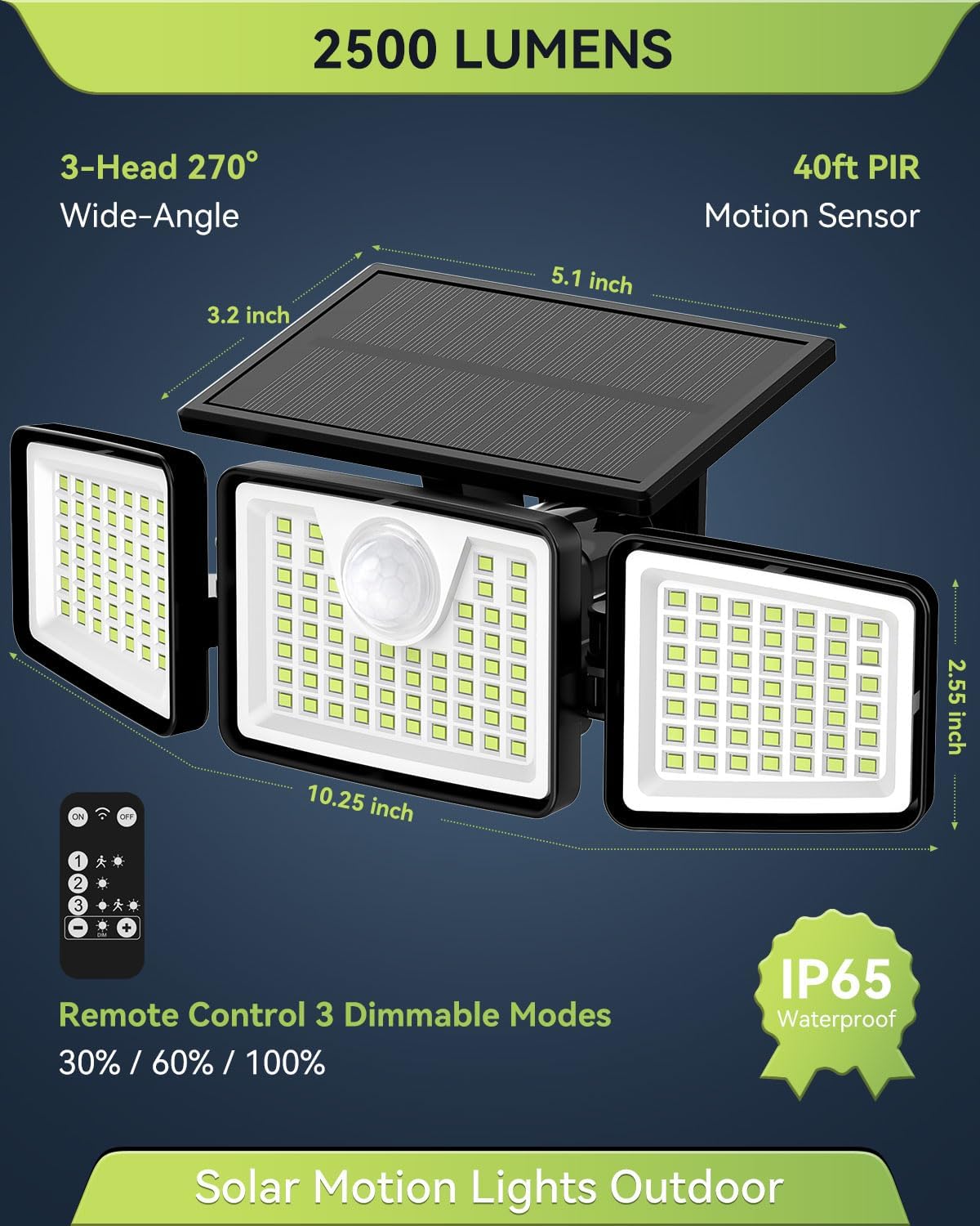daphino 2500LM Solar Lights Outdoor with Motion Sensor,3 Head 270° Wide Angle Street Area... image