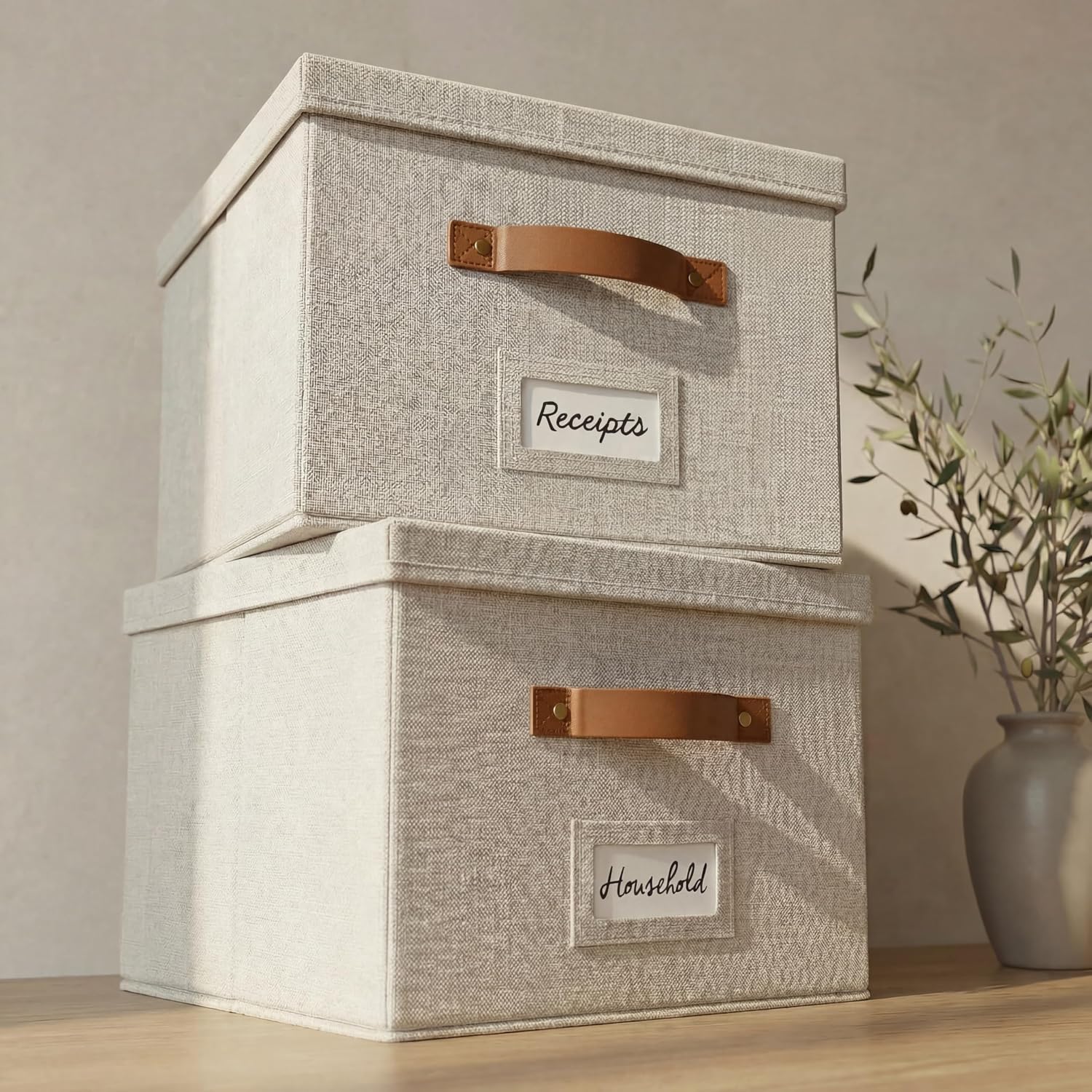 Decorative File Organizer Box Set of 2 - Collapsible Linen Filing Cabinets with Handles Are...