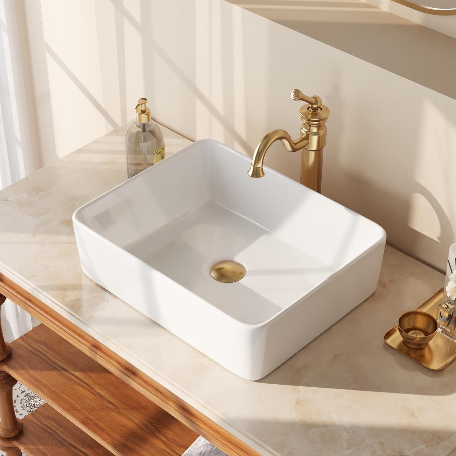 DeerValley Vessel Sink Rectangle 19"x15" Bathroom Sink, White Ceramic Rectangular Sink Above...
