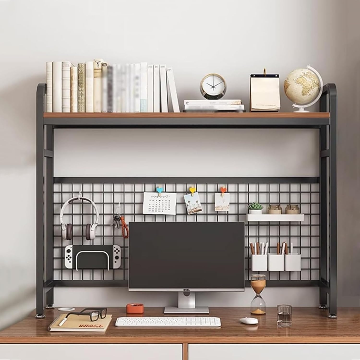 Desktop Organizer Bookcase with Grid Panel, Metal Desk Shelf Bookcase, Industrial Desk...
