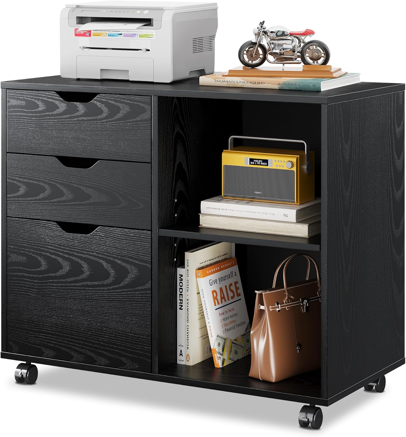 DEVAISE 3-Drawer Wood File Cabinet, Mobile Lateral Filing Cabinet, Printer Stand with Open...