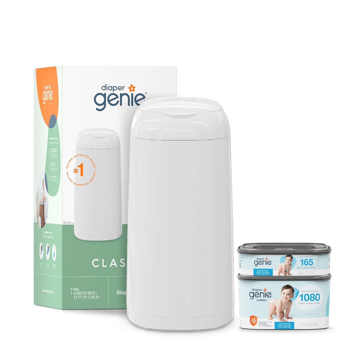 Diaper Genie Classic Diaper Pail Gift Set | Push-N-Lock Odor Control | Includes Starter...