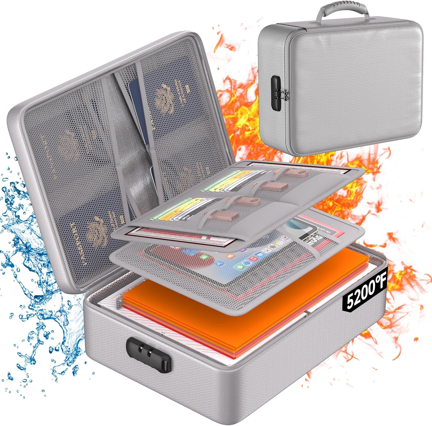 DocSafe 5200°F Fireproof Document Organizer Box with Lock, Silver (Soft) | Heat Insulated 8...
