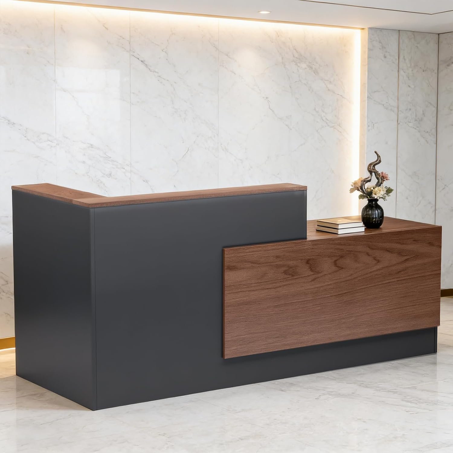 Drexo L-Shaped Modern Large Wooden Commercial Reception Desk with Counter & Shelves, Front...