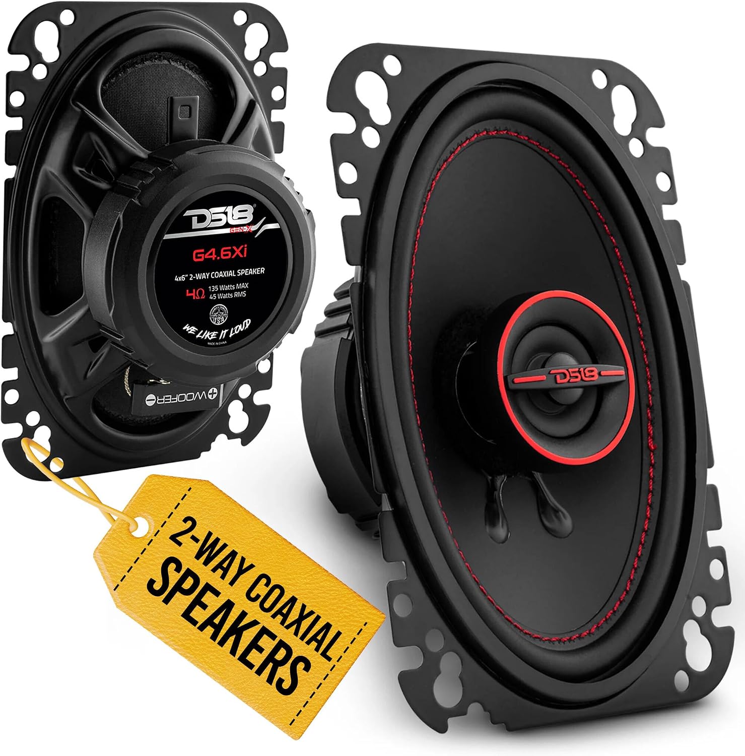 DS18 GEN-X4.6 Coaxial Speaker - 4x6, 2-Way, 135W Max, 45W RMS, Black Paper Cone, Mylar Dome...