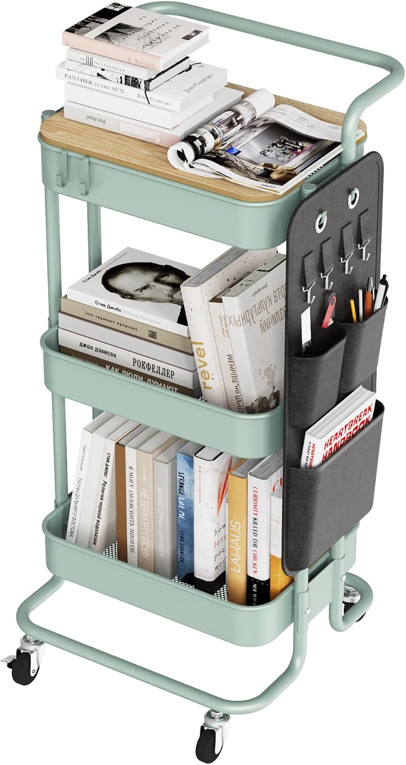 DTK 3 Tier Metal Utility Rolling Cart with Table Top and Side Bags, Metal Tray Storage...