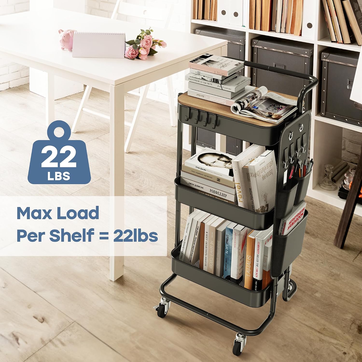 DTK 3 Tier Metal Utility Rolling Cart with Table Top and Side Bags, Tray Storage Organizer... image