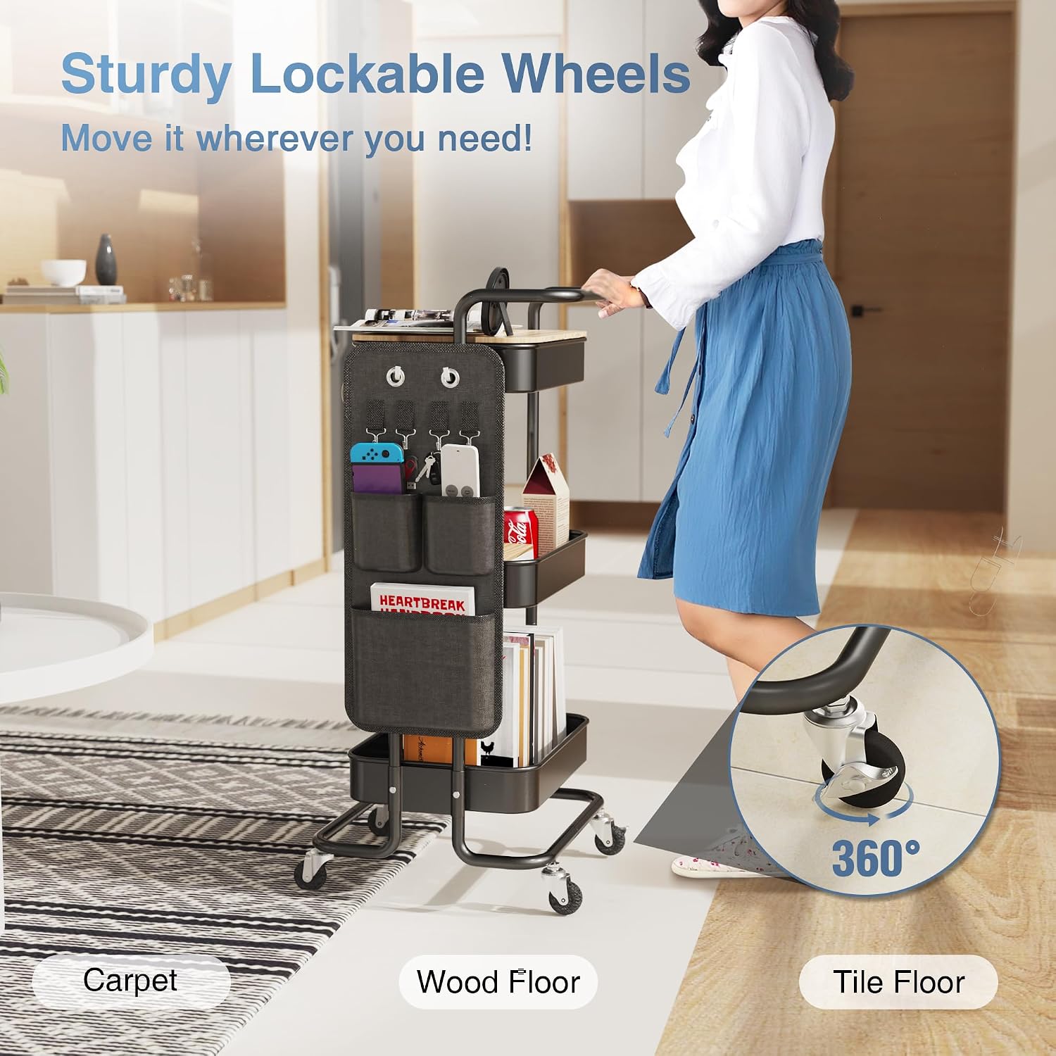 DTK 3 Tier Metal Utility Rolling Cart with Table Top and Side Bags, Tray Storage Organizer... image