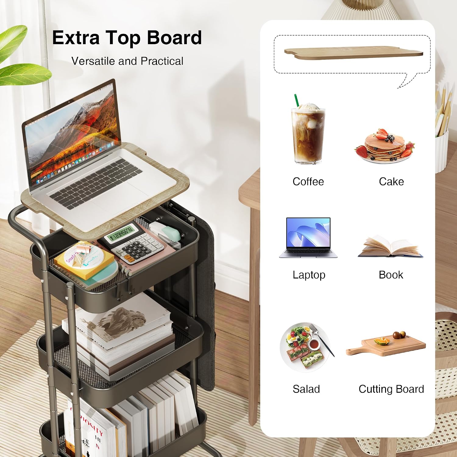 DTK 3 Tier Metal Utility Rolling Cart with Table Top and Side Bags, Tray Storage Organizer... image