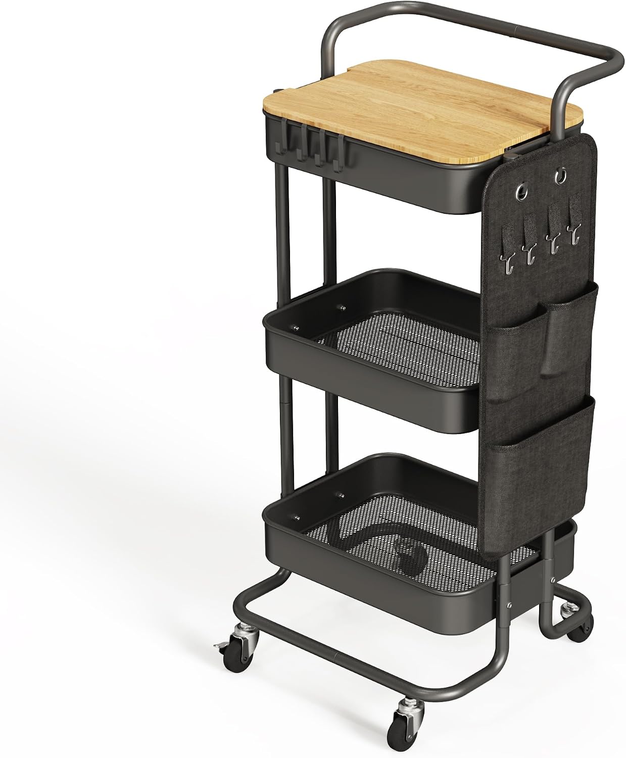DTK 3 Tier Metal Utility Rolling Cart with Table Top and Side Bags, Tray Storage Organizer...