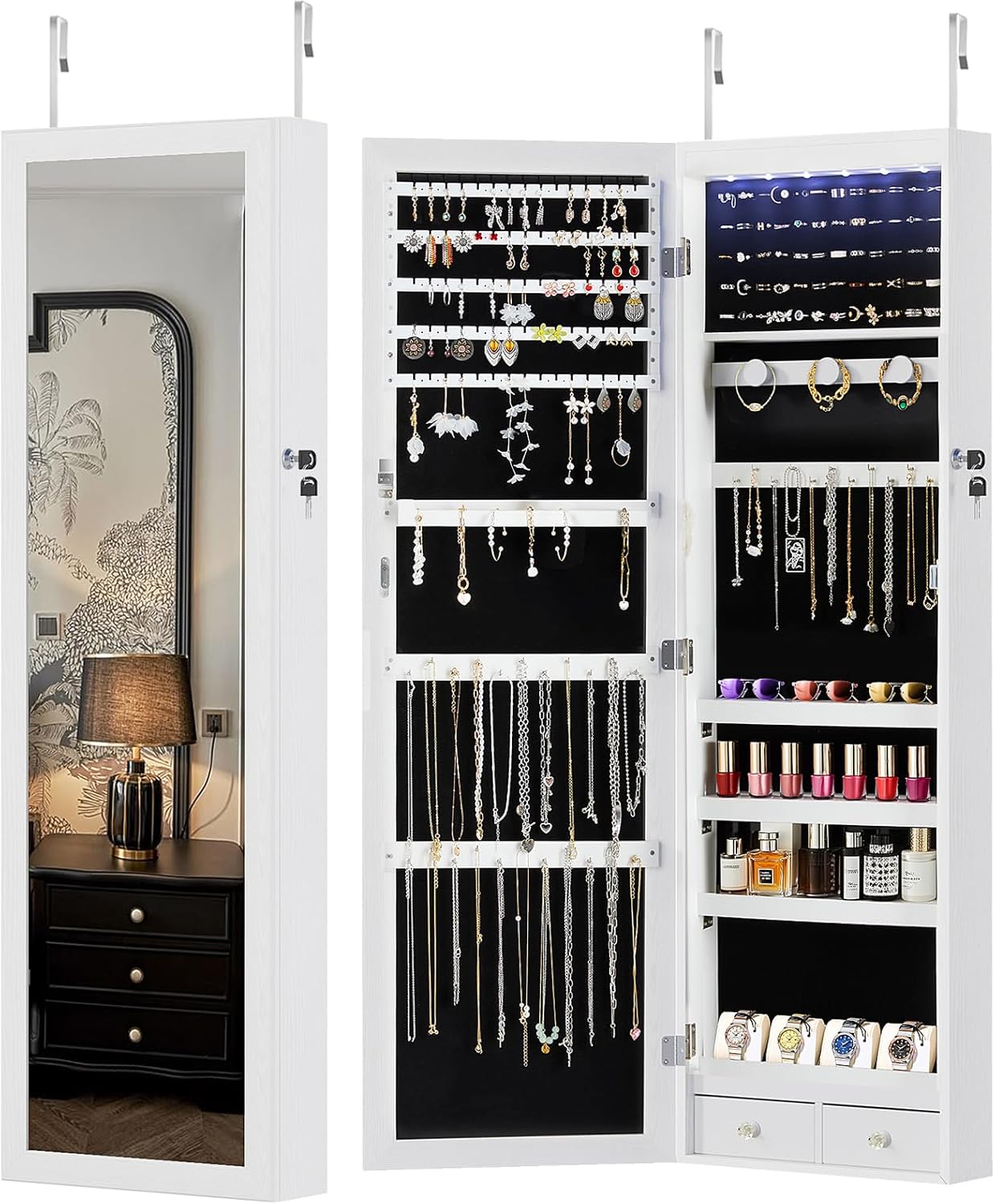 DUMOS 6 LEDs Mirror Jewelry Cabinet, Wall or Door Mounted Jewelry Organizer, 47.2-Inch Tall...