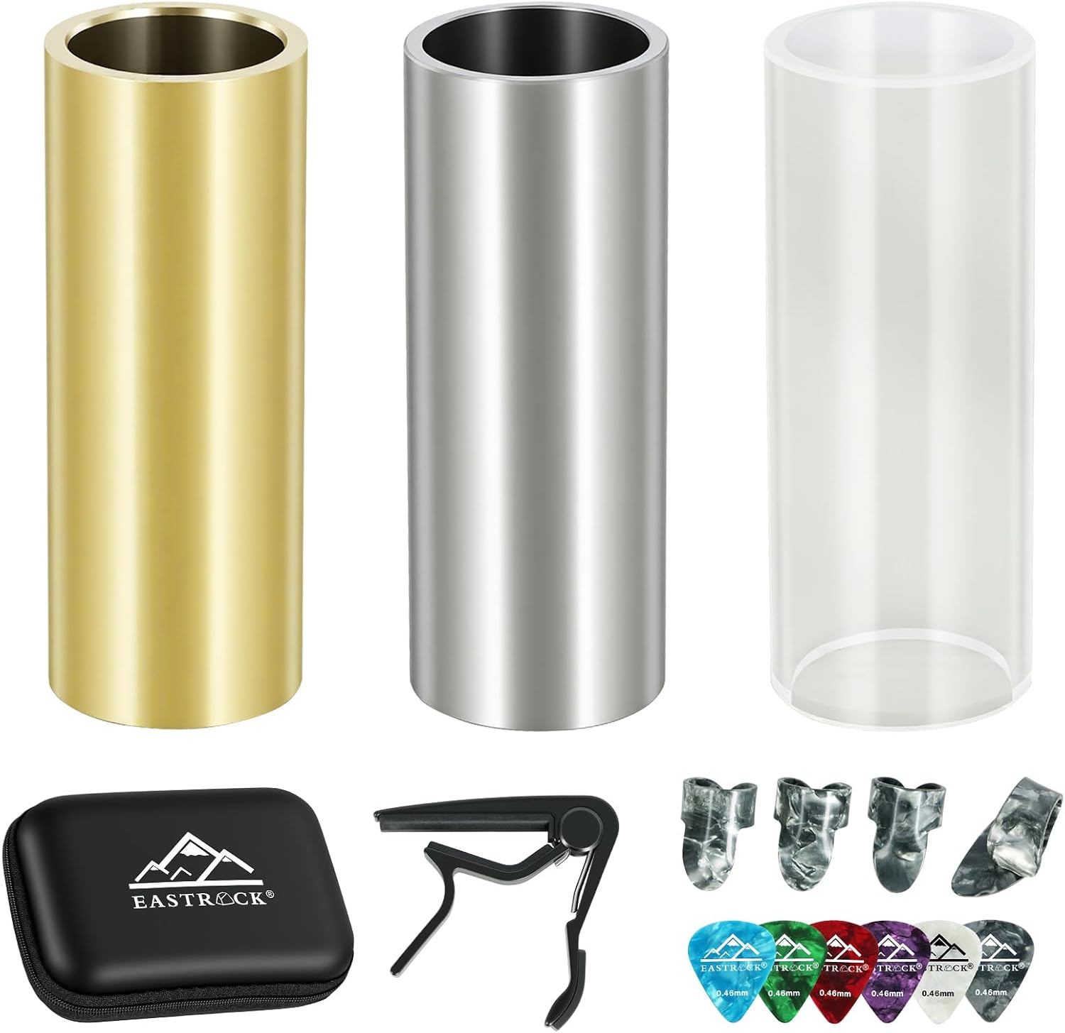 EASTROCK Large Guitar Slides Set,Includes Glass/Stainless Steel/Brass Slides,4 Thumb/Finger...