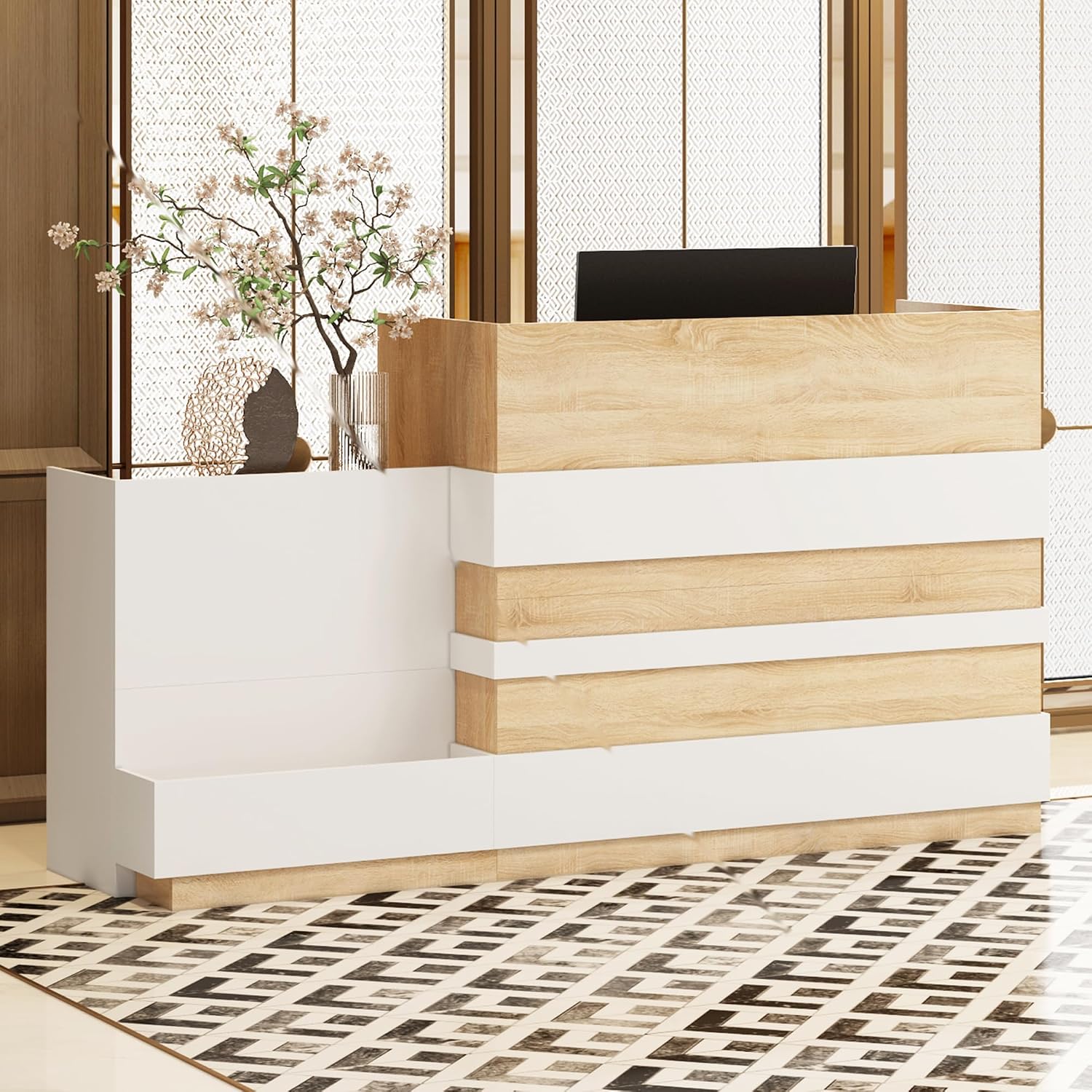 ECACAD Oak & White Reception Desk with Keyboard Tray, Retail Counter with Cabinet, Checkout...