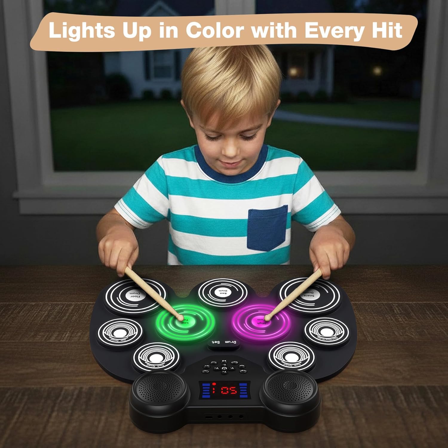 Electric Drum Set with 7 Colorful LED Light Patterns, Better Rebound Feel Electronic Drum... image