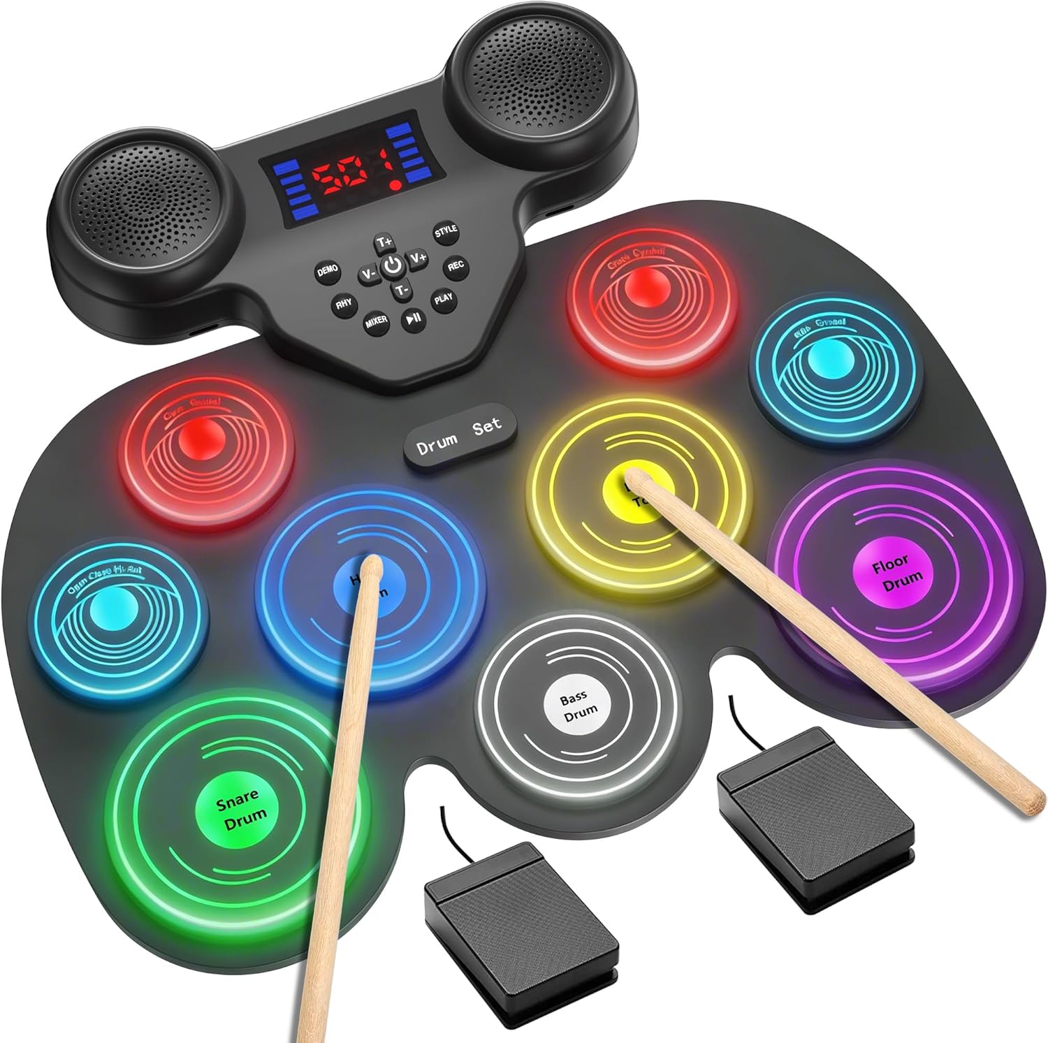 Electric Drum Set with 7 Colorful LED Light Patterns, Better Rebound Feel Electronic Drum...