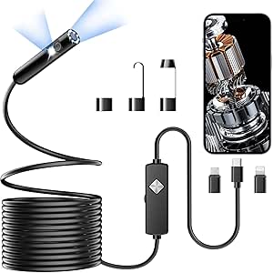 Endoscope with Light, 1920P HD Borescope with 8 Adjustable LED Lights, Semi-Rigid Snake...
