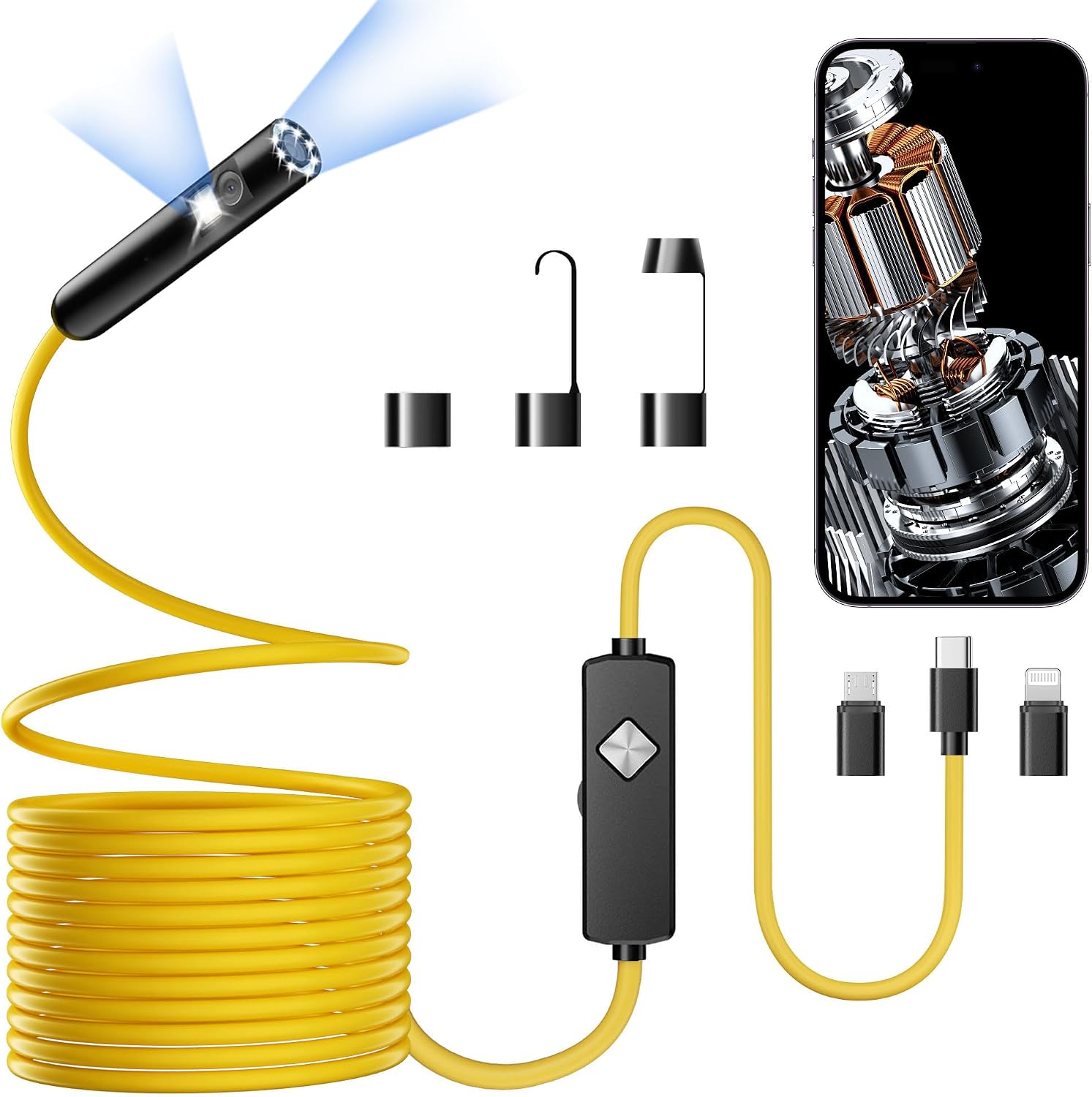 Endoscope with Light, 1920P HD Borescope with 8 Adjustable LED Lights, Semi-Rigid Snake...