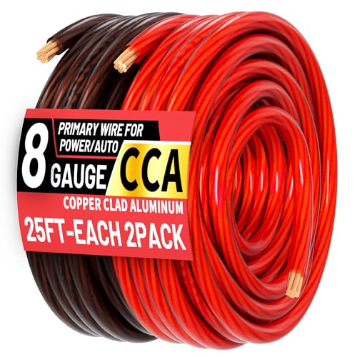 Energeaster 8 Gauge 25ft Each-Black/Red CCA Wire, Low Voltage Primary Automotive or Ground...