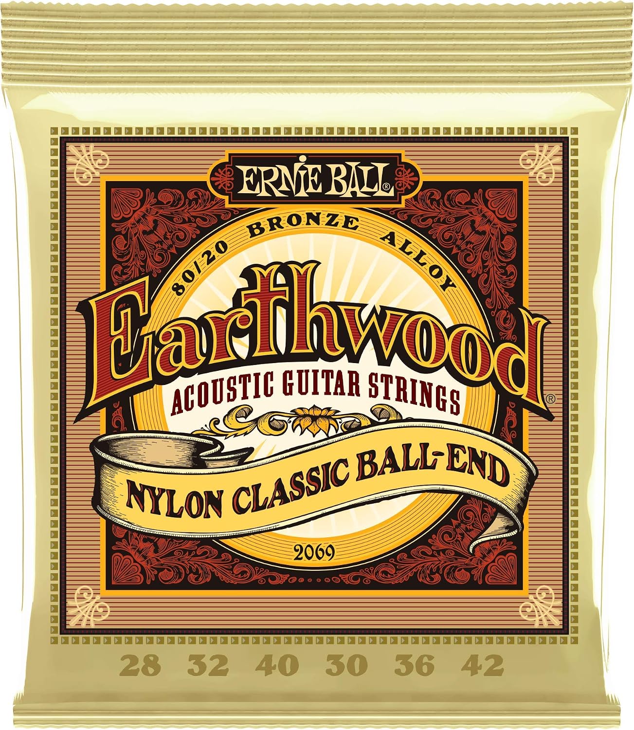 Ernie Ball Folk Nylon Clear & Gold Ball-End 80/20 Bronze Acoustic Guitar Strings, 28-42...