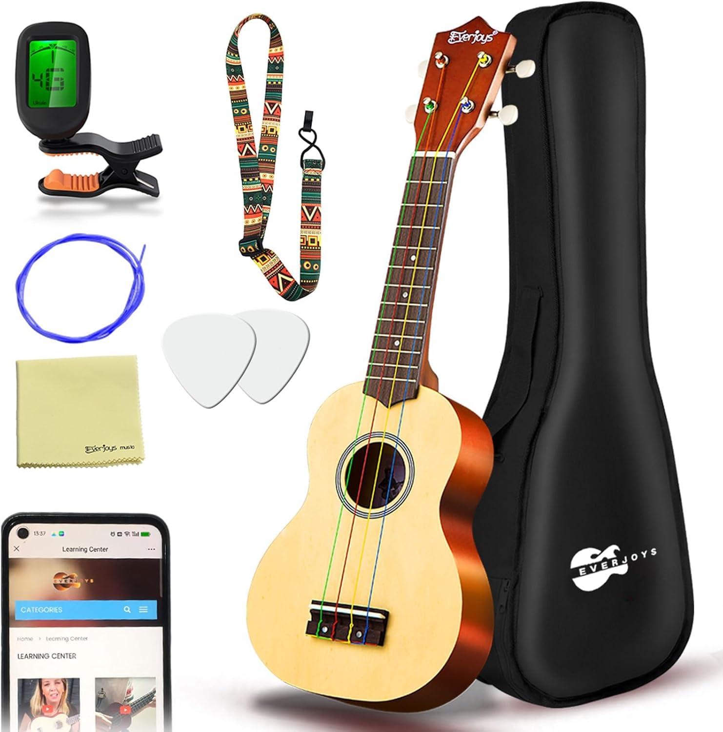 Everjoys Soprano Ukulele Beginner Kit 21 Inch w/Free Online Lesson Gig Bag Tuner Picks...