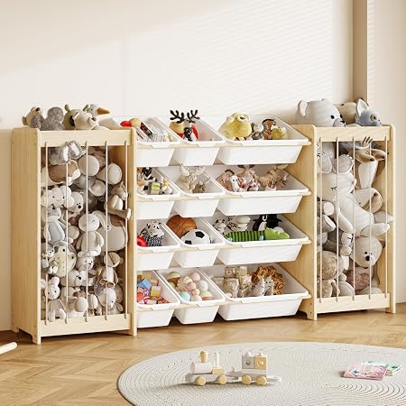 EXPERLAM Large Toy Storage Organizer, Wooden Stuffed Animal Storage & 12-Bins Toy Organizer... image