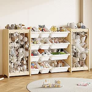 EXPERLAM Large Toy Storage Organizer, Wooden Stuffed Animal Storage & 12-Bins Toy Organizer... image