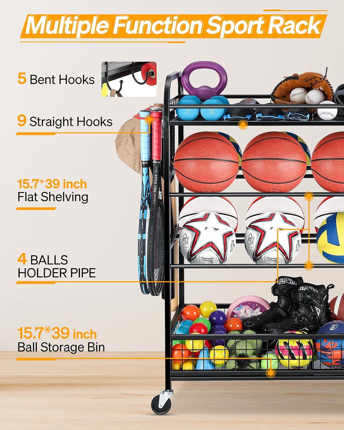 EXTCCT Garage Sports Equipment Organizer - Rolling Ball Storage Bin with Wheels, Garage... image