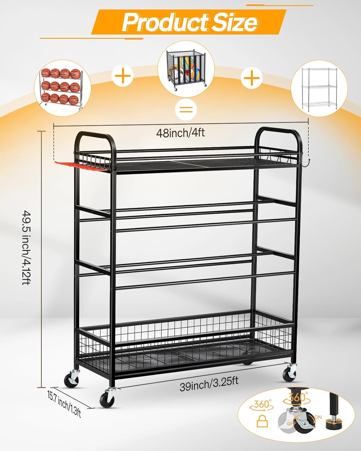EXTCCT Garage Sports Equipment Organizer - Rolling Ball Storage Bin with Wheels, Garage... image