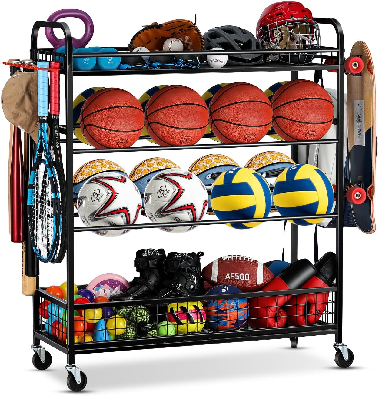 EXTCCT Garage Sports Equipment Organizer - Rolling Ball Storage Bin with Wheels, Garage...