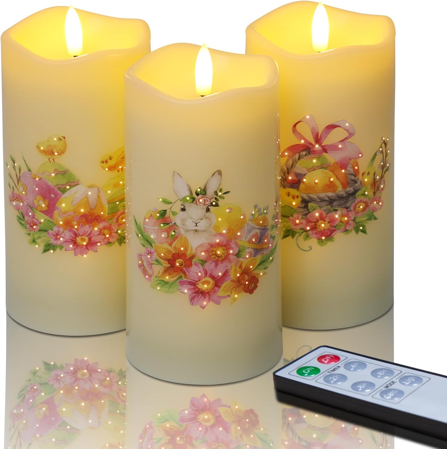 Eywamage Fiber Optic Spring Flameless Candles with Remote, Flickering Easter LED Pillar...
