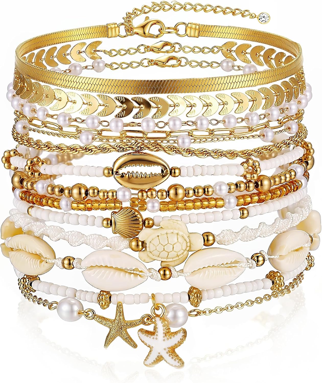 FAXHION Boho Gold Beaded Bracelets for Women, Starfish & Shell Pendant Bracelet Stack, Gold...