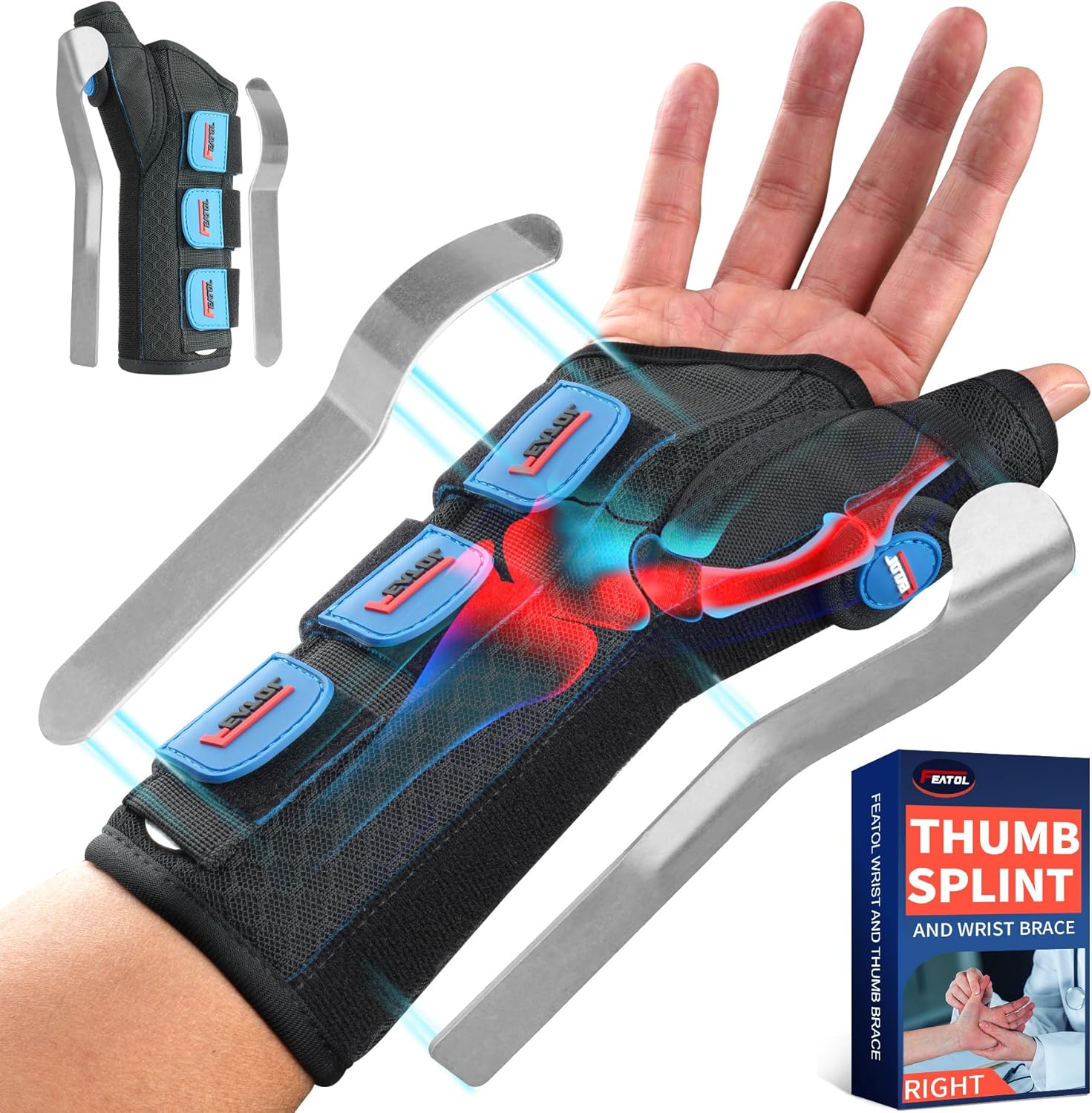 FEATOL Carpal Tunnel Wrist Brace Night Support, Thumb Spica Splint Right Hand for De...
