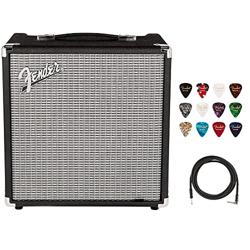 Fender Rumble 25 V3 Bass Amplifier Bundle with Classic Celluloid Guitar Picks (12-Pack) 10ft...
