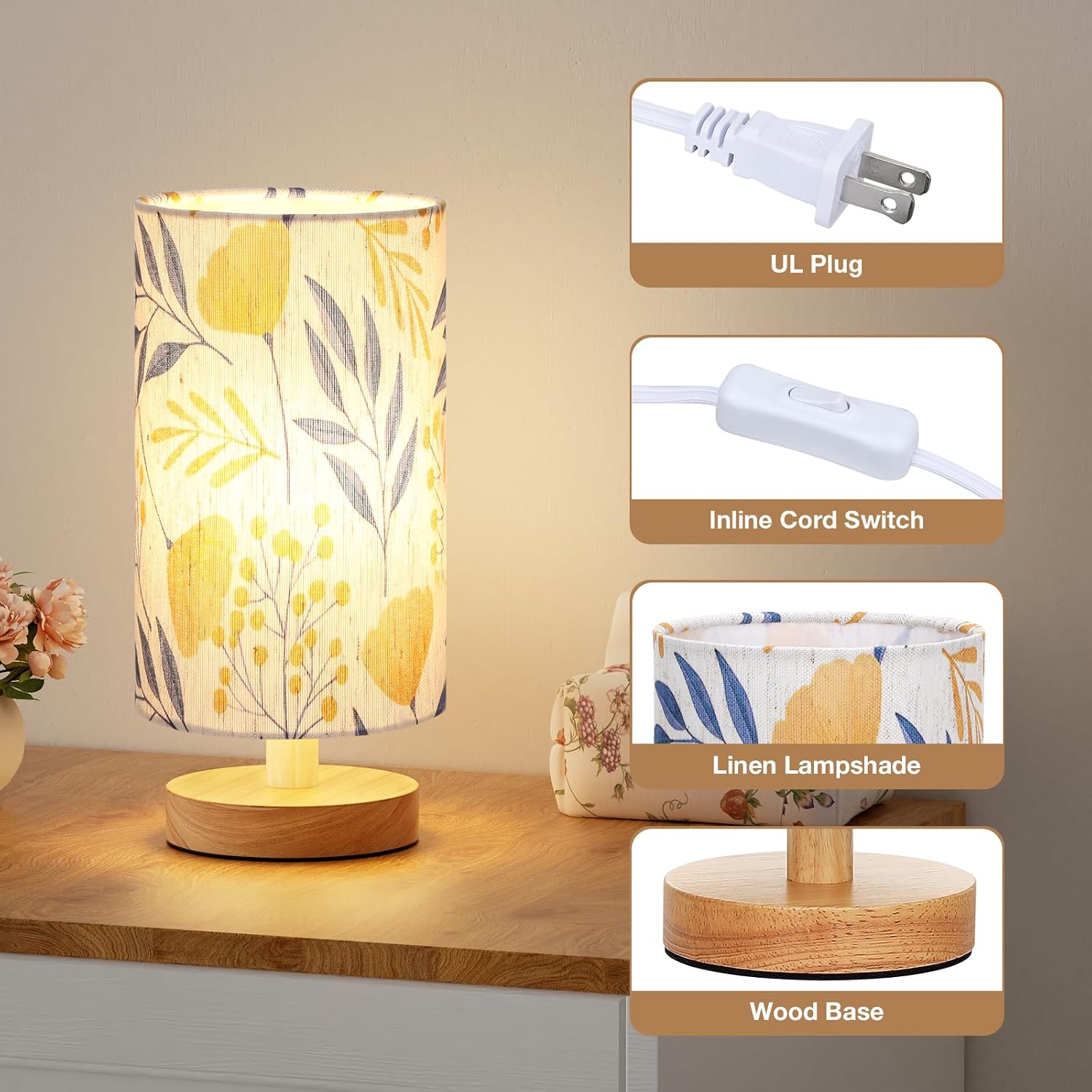 Fenmzee Ginkgo Table Lamp for Bedroom - Inline Control, Small Bedside Lamp with 3000K A15... image