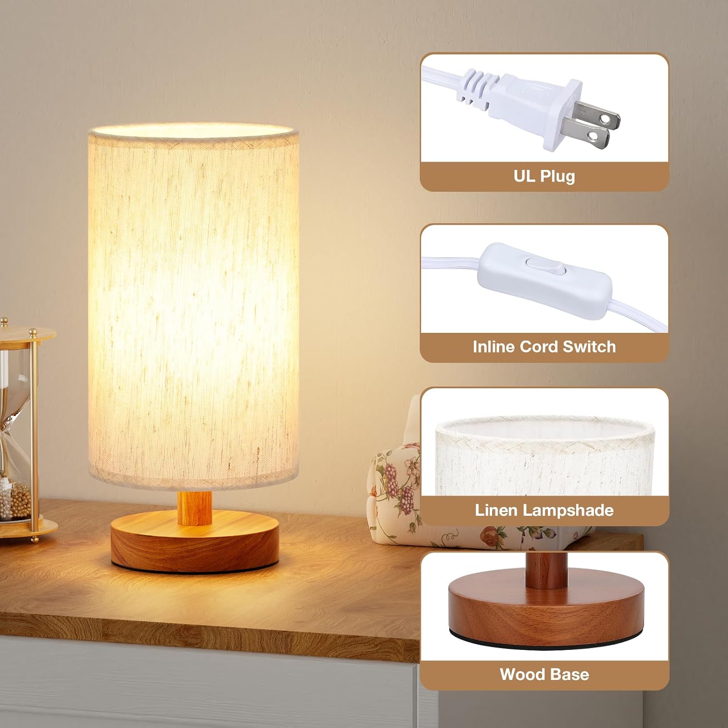 Fenmzee Small Table Lamp for Bedroom - Inline Control, Bedside Lamp with 3000K A15 LED Blub... image