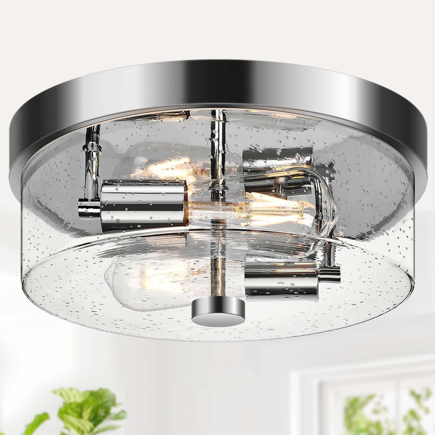 Flush Mount Ceiling Light Fixtures, 2-Light Chrome Ceiling Mount for Farmhouse with Seeded...