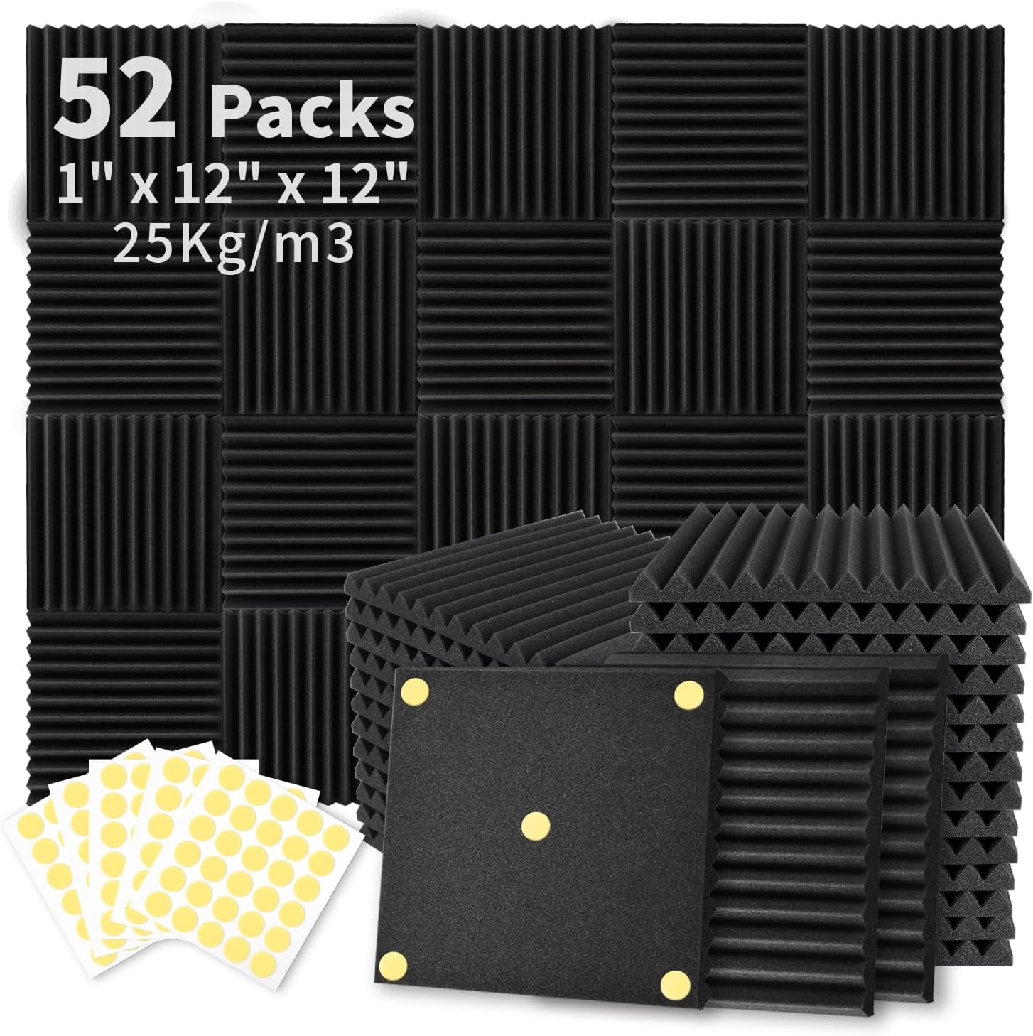 Focusound 52 Pack Acoustic Foam Panels 1" x 12" x 12" Sound Proof Foam Panles Soundproofing...