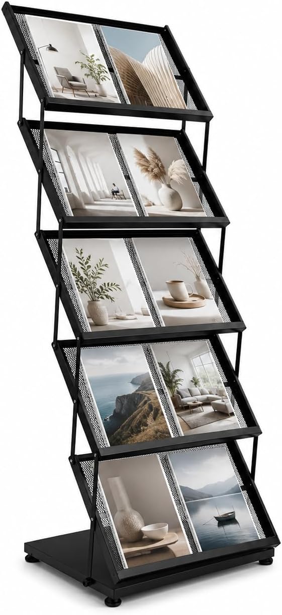 Foldable Magazine Display Rack Floor Standing 5 Pockets Brochure Stand Catalog Literature...