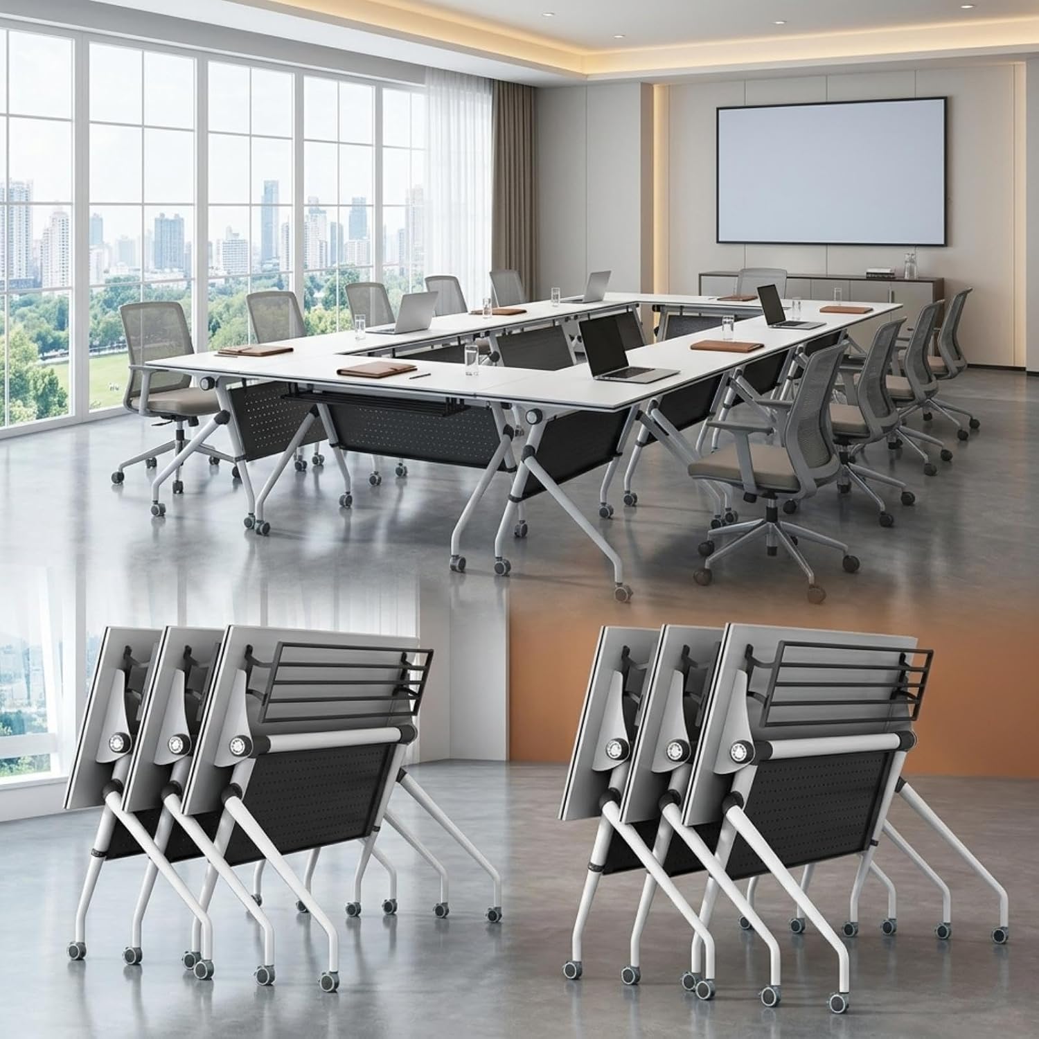 Folding Conference Table with Wheels, 55" Flip Top Training Table Mobile Meeting Table with...